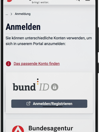 Foto eines Handybildschirms mit der Anmeldeseite für die Bund-ID der Agentur für Arbeit