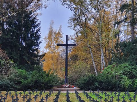 Grabkreuze und Denkmal auf einer Wiese