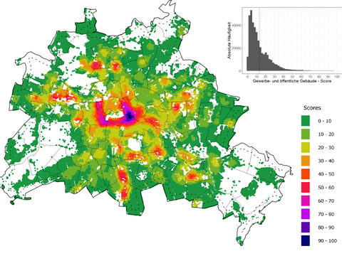 Darstellung der Verteilerung der Scoring-Werte des Mietzinsmodells in Berlin.