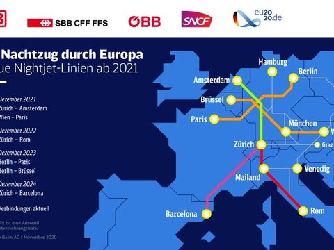 Liniennetz Europa der DB für die neuen Nightjet-Linien ab 2021