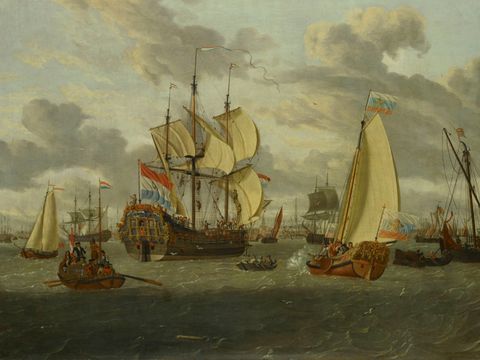 Abraham Stork, Zar Peter der Große an Bord seiner Jacht auf dem Weg zur Fregatte Pieter en Paul, um 1698