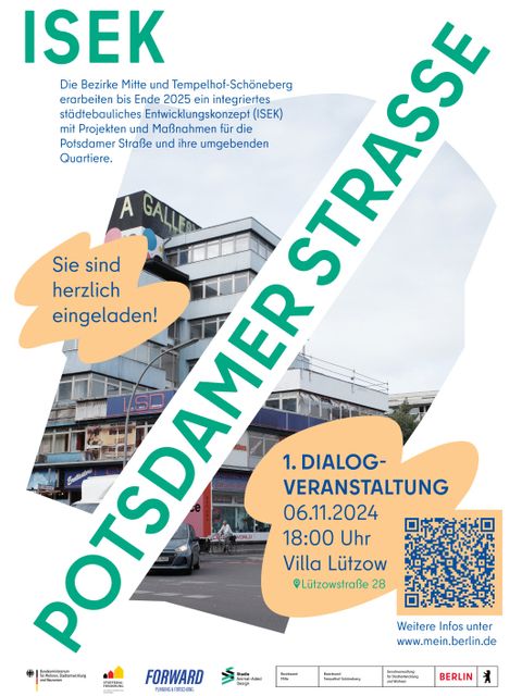 Bildvergrößerung: Einladungsplakat zur 1. Dialogveranstaltung zum Integrierten Städtebaulichen Entwicklungskonzept Potsdamer Straße und Umgebung am 6. November 2024 um 18 Uhr in der Villa Lützow.