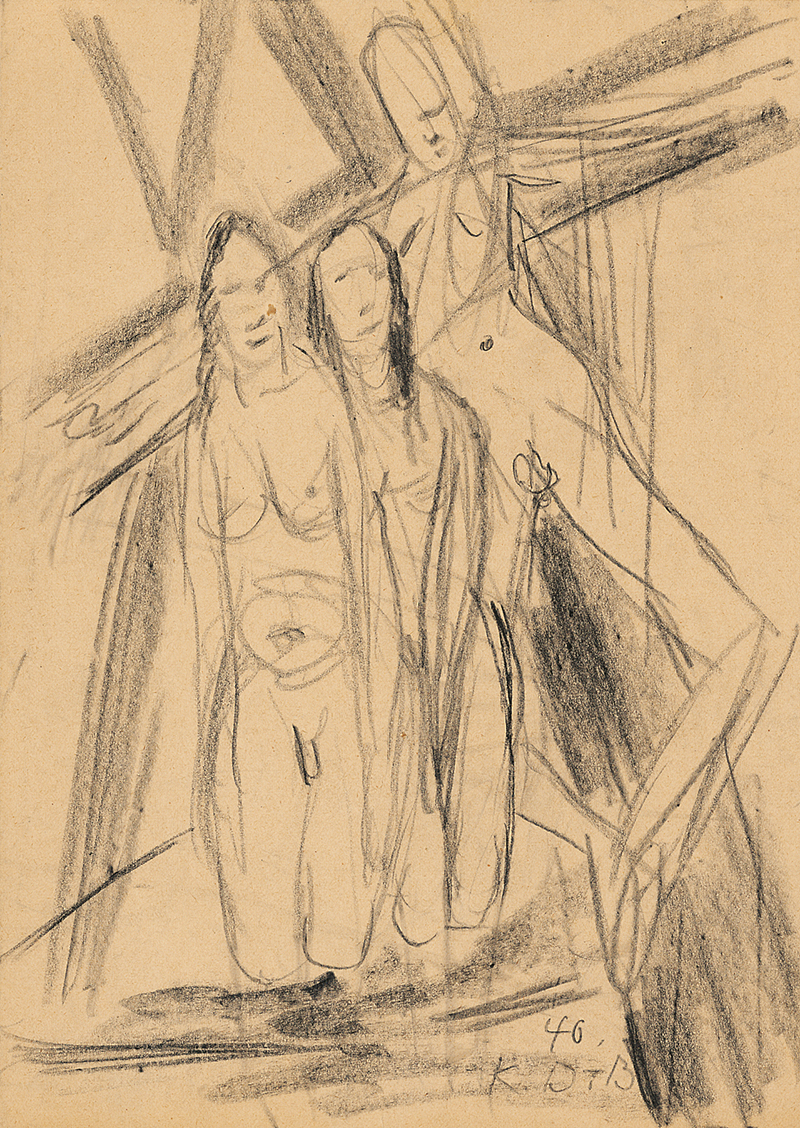 Kate Diehn-Bitt: Zwei Akte und Gekreuzigter, Um 1945, Bleistift auf Papier, 29,5 x 21 cm, Privatbesitz, Berlin