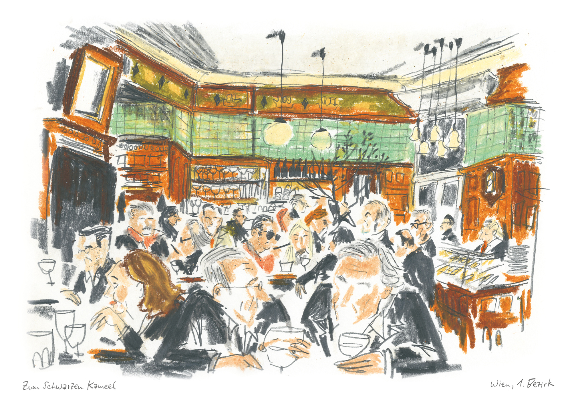 Sebastian Lörscher: »Café Prückel«, Wien 2015, Ölpastell und Graphit, 42 x 28 cm, aus dem Buch »A bisserl weiter geht’s immer! – Mit dem Skizzenbuch durch das Wilde Österreich«