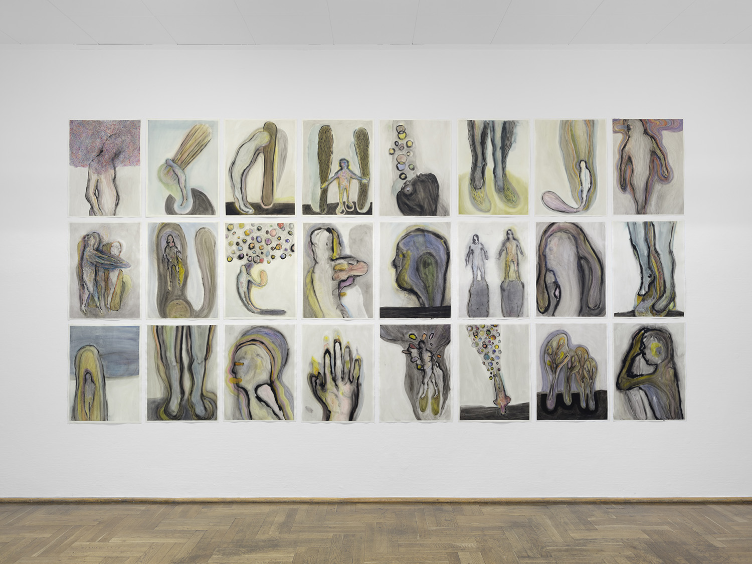 Bild 21 – Ausstellungsansicht – Laura Bruce: »Falling Upward« – Galerie Parterre, 2024 | Werkreihe »Through a Dewdrop Darkly«, 2019–2022, Tusche auf Papier, mit Wachs überzogen