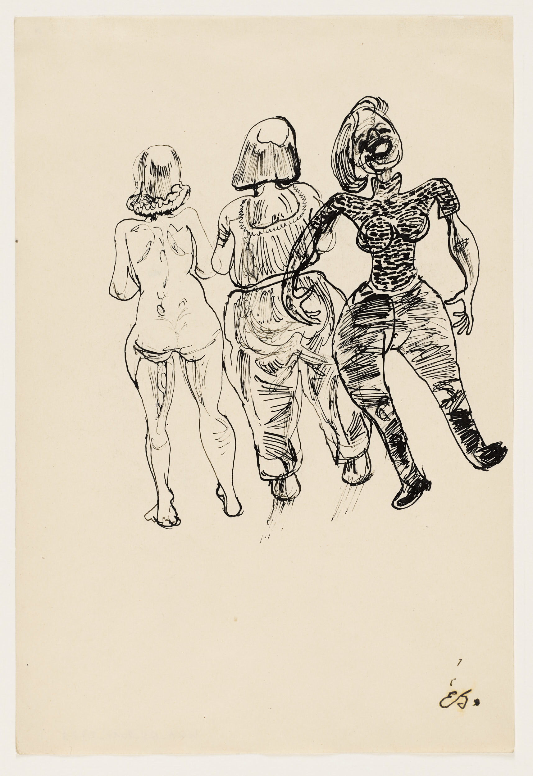 Egmont Schaefer, [Drei Frauen], 1945, Feder in Schwarz auf Papier, 29,6 x 20 cm