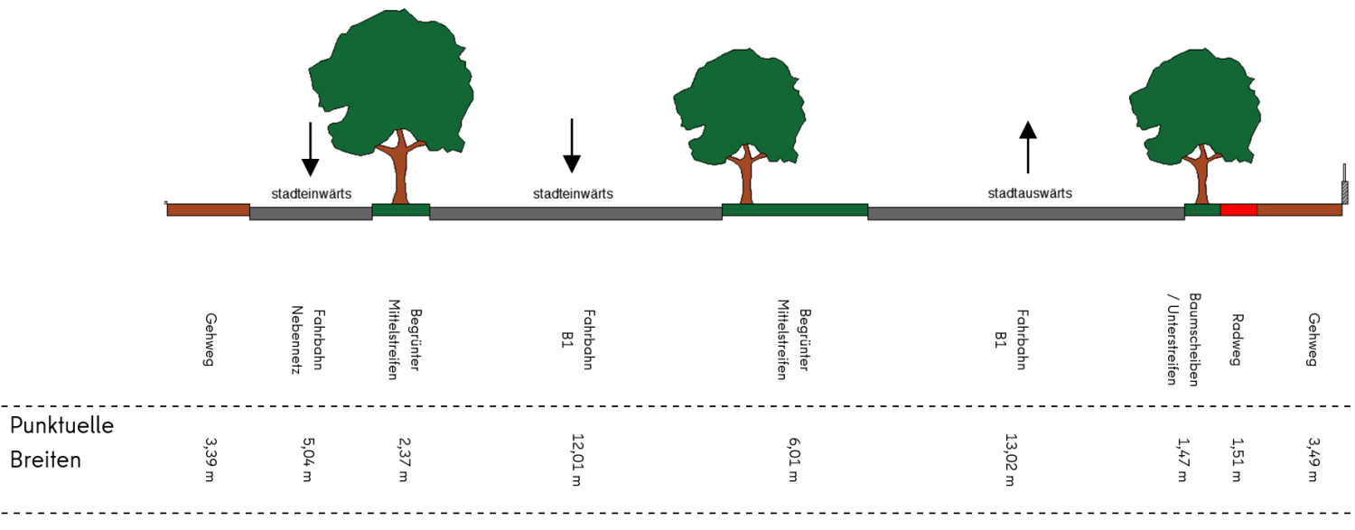 Bestandsquerschnitt 3 zwischen Wildenowstraße und Reichensteiner Weg