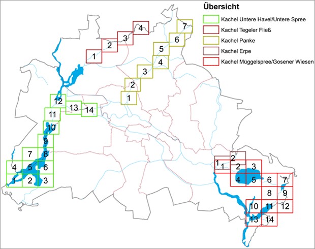 Abb. 3: Übersicht über die Kartenblätter (Kacheln) der einzelnen Überschwemmungsgebiete